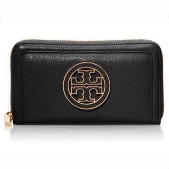 TORY BURCH | Amanda Continental Zip-around wallet Black Pebbled Leather Gold - Picture 1 of 12
